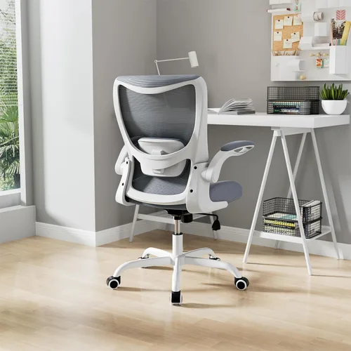 Miniatura 8 de MUXX.STIL Silla de oficina, silla de escritorio ergonómica con soporte lumbar ajustable y reposabrazos abatibles, silla de computadora de malla Gris