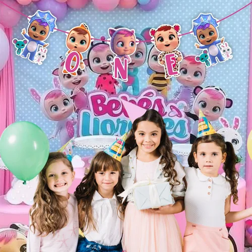 Miniatura 5 de Cartel de Cry Babes One – Lindo cartel de decoración de cumpleaños número uno estilo de dibujos animados para configuración de fiesta en interiores