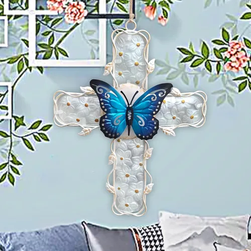 Miniatura 2 de COOZZYHOUR Decoración de pared de metal con cruz de metal y cristal, flor de hortensia azul, decoración para exteriores, interiores, hogar, jardín