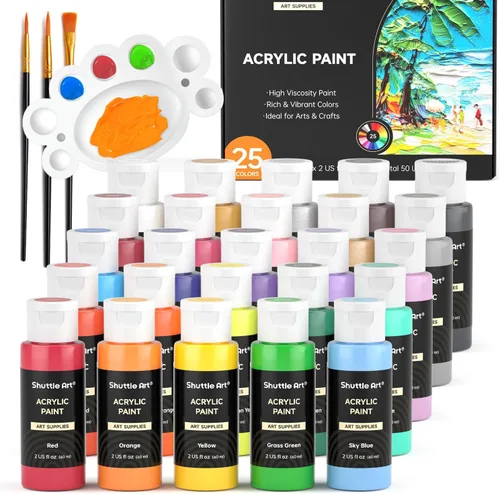Pintura acrílica Shuttle Art, juego de pintura acrílica de 25 colores, botellas de 2 oz/60 ml, pintura de pigmentos ricos para artistas, Regular