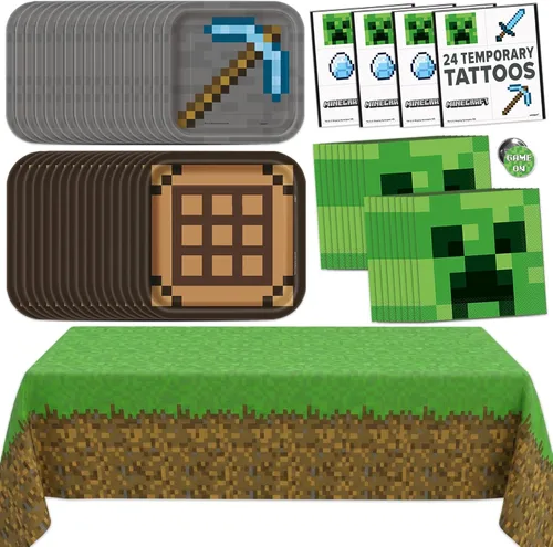 Suministros de fiesta de Minecraft, suministros de fiesta de cumpleaños de Minecraft para niños o niñas, sirve para 16 invitados, con cubierta de
