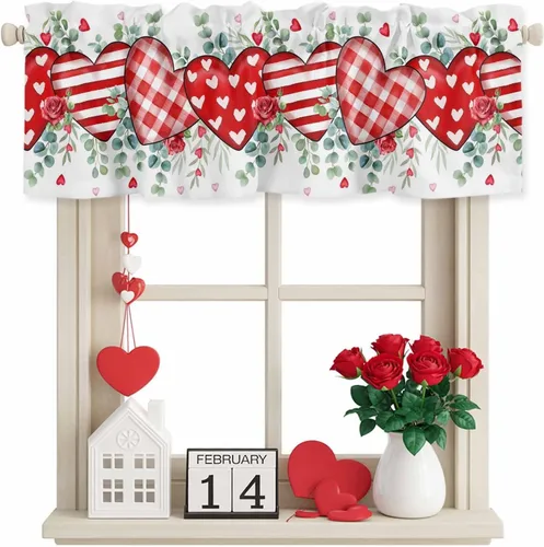 Miniatura 25 de Cortina de cenefas para el 4 de julio, diseño de corazón y bandera americana, cortina patriótica para ventanas de cocina, rojo, blanco y azul