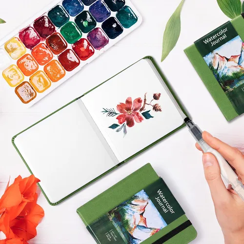 Miniatura 7 de Dispowreath Juego de 4 cuadernos de bocetos de acuarela con bolígrafos de pincel de acuarela, papel de algodón de 300 GSM, cuaderno portátil