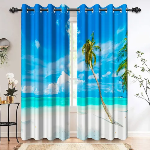 Miniatura 16 de Renaiss Cortinas opacas con diseño de mar tropical, nublado, cielo azul y verde azulado, estrella de mar transparente en playa arenosa, sala
