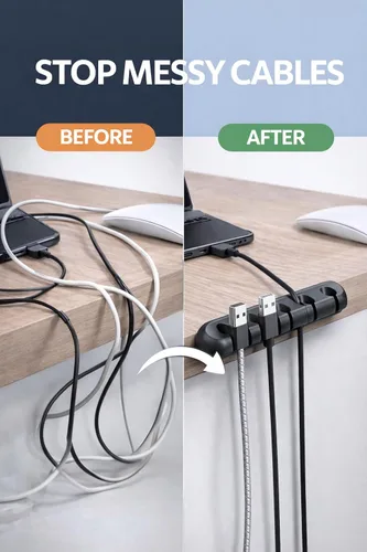 Miniatura 7 de Organizador de cables, paquete de 2 (5 ranuras + 3 ranuras), soporte de gestión de cables de silicona con fuerte adhesivo para escritorio, automóvil