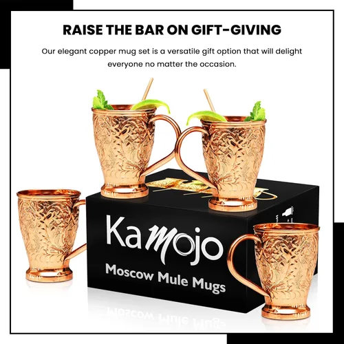 Miniatura 8 de Kamojo Moscow Mule Cups - Juego de 4 tazas de cobre Moscow Mule de primera calidad con diseño único en relieve y antideslustre, revestimiento