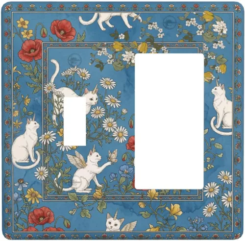 Decorative Outlet Covers Blue Background White Cat Daisy Floral 2-Gang 1-Gang Wall Plate Single Toggle/Rocker Farmhouse Style Light Switch Covers