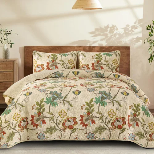 Miniatura 15 de WONGS BEDDING Juego de colcha tamaño Queen, juego de ropa de cama con estampado botánico negro, 3 piezas, colcha floral con 2 fundas de almohada