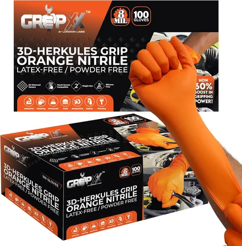 GRIPXX Herkules Grip Guantes de Nitrilo Naranja Heavy Duty 8Mil, Textura de Diamante Elevado en 3D - Sin Látex y Polvo - Industrial, Mecánico (2,