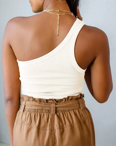 Miniatura 4 de Camisetas básicas de verano para mujer, con un hombro, sin mangas, acanaladas, casuales, delgadas