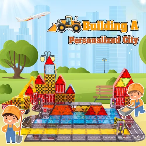 Miniatura 7 de Laminados magnéticos juguetes de construcción para niños - Set de carretera con grúa magnética para niños de 3-5 4-8 8-10 años, Set de expansión