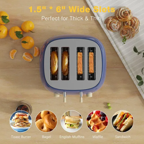 Miniatura 3 de Tostadora de 4 rebanadas, tostadora retro de acero inoxidable con ranuras extra anchas, funciones de cancelar, bagel y descongelar, panel de control