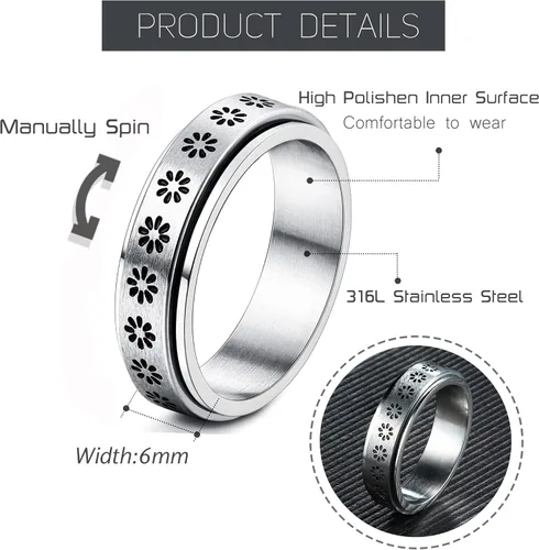 Miniatura 3 de FIBO STEEL Anillo giratorio de acero inoxidable para mujeres y hombres, anillos de banda para la ansiedad, luna y estrella, flores, juego de anillos