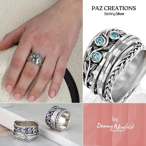 Miniatura 4 de Paz Creations - Anillos giratorios de plata de ley 925 para mujer con piedras preciosas naturales, banda gruesa con patrón martillado, joyería