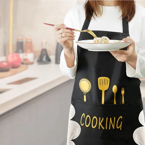 Miniatura 8 de Delantal de cocina para mujer con bolsillos para limpiar las manos, bolsillo grande, limpieza a mano, impermeable para cocinar y hornear, color negro