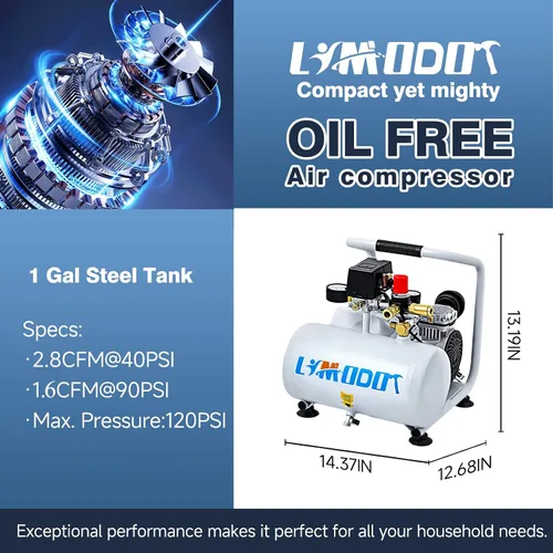 Miniatura 6 de Limodot Compresor de aire ultra silencioso, solo 60 dB, tanque de acero de 1 galón, sin aceite, compresor de aire eléctrico perfecto para clavado