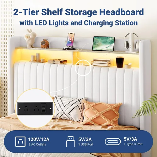 Miniatura 4 de Allewie Marco de cama de almacenamiento hidráulico elevable, tamaño Queen, cabecero de estante de 2 niveles con luces LED y estación de carga, Blanco