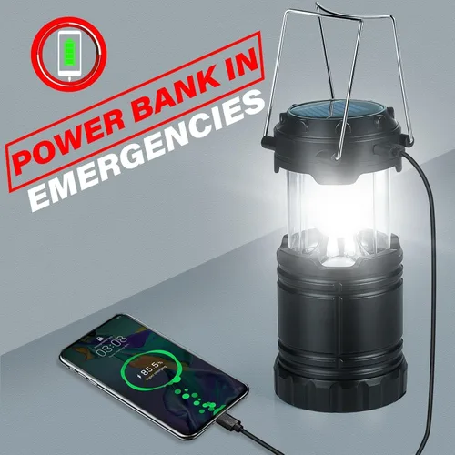 Miniatura 5 de Paquete de 4 linternas solares para campamento, LED recargables con batería USB/solar/AA, base magnética, gancho para colgar, plegable, impermeable
