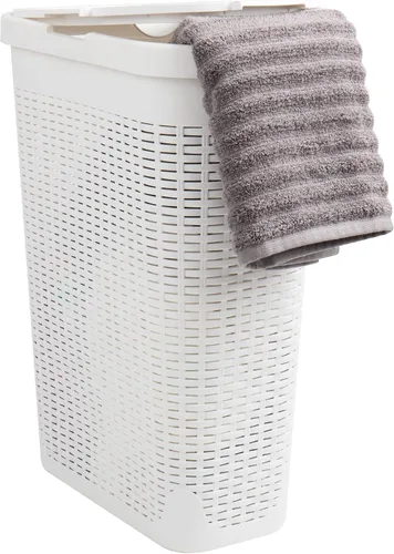 Miniatura 16 de Mind Reader Cesta de lavandería delgada con tapa, cesta de ropa de 40 L, diseño de mimbre premium, plástico, azul bebé