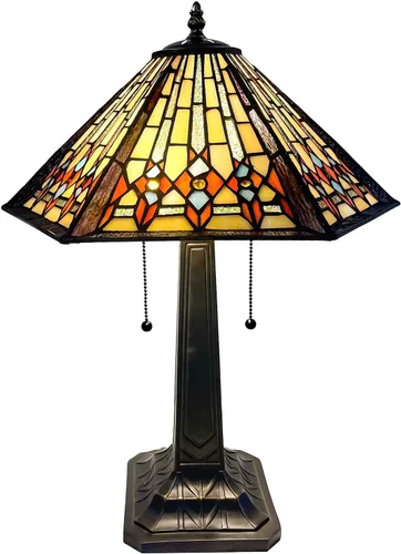 Miniatura 10 de Bieye L10791 - Lámpara de mesa estilo misión con luz nocturna de vidrio manchado Tiffany y pantalla cónica hexagonal, 10 pulgadas de ancho x 16