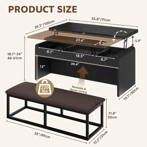 Miniatura 2 de Juego de mesa auxiliar de doble elevación con silla, 4 en 1, mesa de centro de 40 pulgadas con compartimento oculto, para sala de estar, mesas