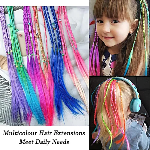 Miniatura 4 de KAGNAL 8 extensiones de cabello de trenzas de colores con bandas de goma, extensiones de cabello para niñas, extensiones sintéticas multicolor