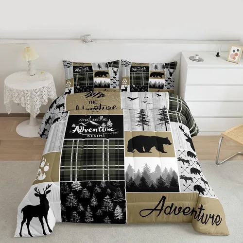 Miniatura 160 de Juego de edredón de oso y ciervo, tamaño individual, ropa de cama de animales salvajes de caza, colcha rústica de cabaña, casa de campo, cuadros