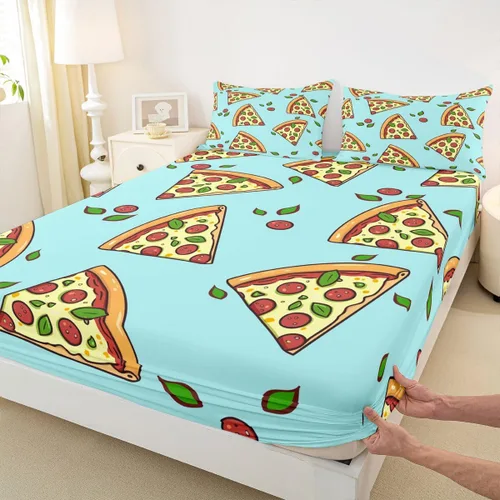 Miniatura 4 de Juego de sábanas de pizza de dibujos animados para niños, adolescentes, sábana bajera moderna y bohemia para niños y adultos, suave, verde
