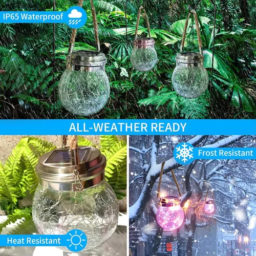 Miniatura 5 de Luces solares colgantes para exteriores, VGE Paquete de 2 luces de bola de vidrio agrietado con 30 LED decorativas, luces solares impermeables