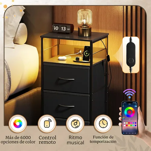 Miniatura 5 de WLIVE Mesita de noche con estación de carga, mesita de noche de 31.9" de altura con 3 cajones de tela, mesa de noche con LED con puertos USB