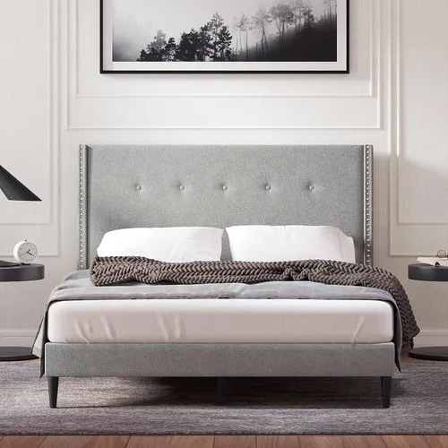 Miniatura 11 de Glenwillow Home MCM - Marco de cama con plataforma tapizada, botón con ribete de cabeza de clavo, respaldo de ala, base de colchón, no necesita Beige