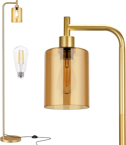 Miniatura 19 de Ziisee Lámparas de pie para sala de estar, lámpara de pie con pantalla de vidrio ámbar, lámpara de pie moderna con bombillas LED, lámpara de pie