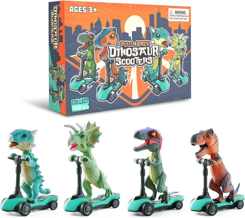 Miniatura 6 de DINOBROS Juguetes de dinosaurio para scooter, autos de tracción hacia atrás, mini patinetes de dedo para niños de 3, 4, 5, 6 años, juegos de regalo