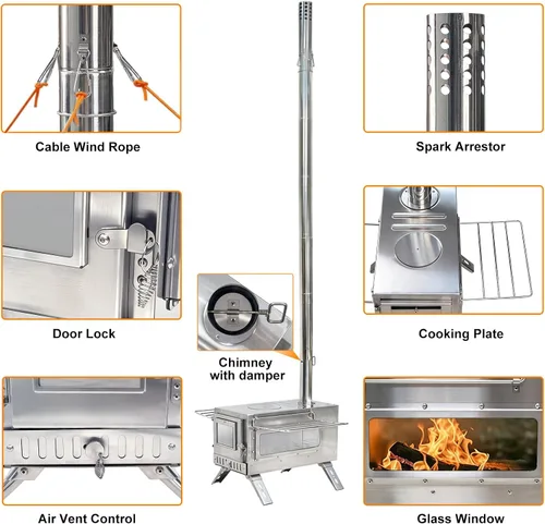 Miniatura 4 de Estufa de leña para exteriores unho para acampar, chimenea de tubo de acero inoxidable, estufa de tienda caliente para calentar y cocinar al aire