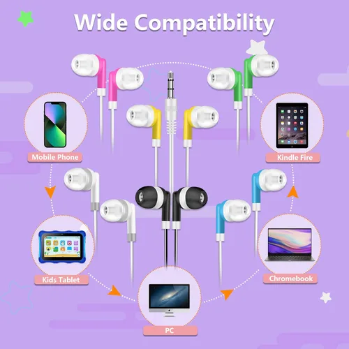 Miniatura 4 de Auriculares para niños a granel, paquete de 50 auriculares multicolor con cable al por mayor, perfectos para bibliotecas escolares, estudiantes
