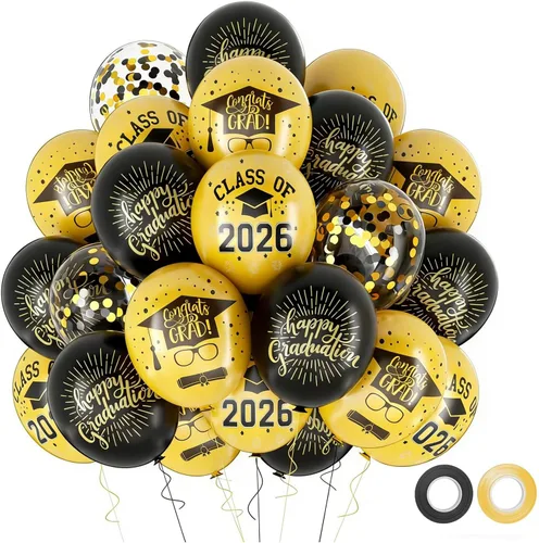 Globos de graduación 2025 para fiesta de graduación, 50 globos de 30 cm negros y dorados de látex para graduación, globos de fiesta de graduación