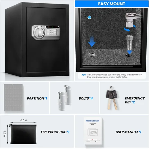 Miniatura 6 de Caja de seguridad de 2.5 pies cúbicos para documentos del hogar - Caja de seguridad electrónica digital de acero, caja de seguridad personal