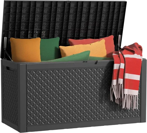 Miniatura 31 de Caja de almacenamiento impermeable para exteriores de 180 galones, caja de resina resistente a los rayos UV con varilla hidráulica para mayor 2-Gris