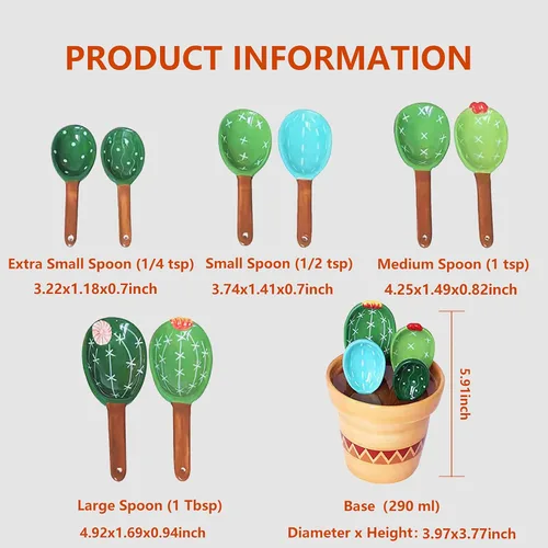 Miniatura 6 de Juego de cucharas medidoras de cactus en maceta, lindas cucharas y tazas medidoras de cerámica, cuchara para cactus de cocina con soporte, tazas 2