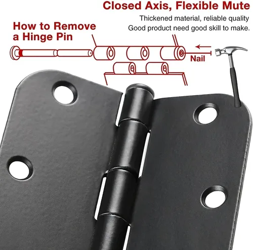 Miniatura 2 de Paquete de 6 bisagras para puertas interiores de color negro mate de 3.5 x 3.5 pulgadas, esquinas redondeadas de radio de 5/8 pulgadas, bisagra