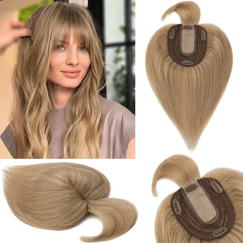 Miniatura 8 de S-noilite Toppers de cabello humano real con flequillo, postizo de clip con flecos, densidad del 130%, base de seda, 1.58 oz, 10 pulgadas, negro