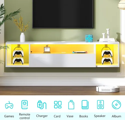 Miniatura 7 de sogesfurniture Soporte de TV de 39.3 pulgadas, centro de entretenimiento flotante con luces, consola multimedia moderna con almacenamiento, soporte