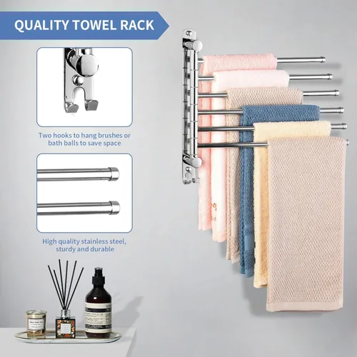 Miniatura 5 de Toallero giratorio, barra para toallas con montaje en pared y rotación de 180°, colgador de toallas de 6 brazos de acero inoxidable SUS 304, ahorro