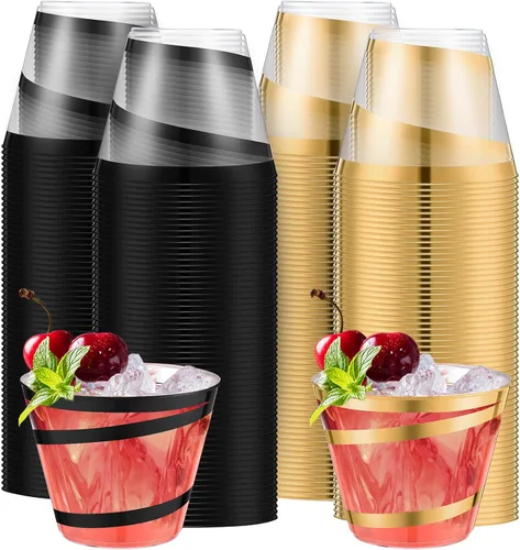 Miniatura 17 de Gejoy Tazas de plástico con borde en espiral de 9 onzas desechables, tazas de vino de plástico elegantes y transparentes, elegantes jarras de Oro