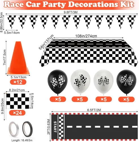 Miniatura 2 de Decoraciones de fiesta de coches de carreras, set de 61 piezas AHIER - 12 conos de tráfico y 24 banderas a cuadros de carreras, alfombra de pista