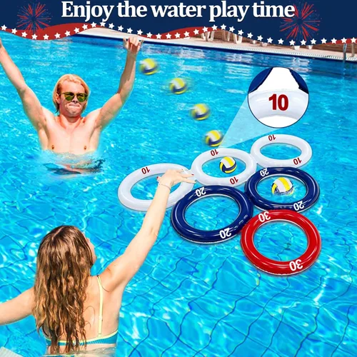 Miniatura 5 de Juego de juguetes de piscina con la bandera estadounidense, aro inflable de baloncesto flotante 2 en 1 y juego de piscina inflable para lanzar