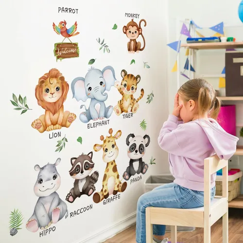 Miniatura 5 de Calcomanías Educativas de Animales de Safari Grandes para Pared, Adhesivos de Animales de la Selva, Pegatinas de León, Panda, Jirafa, Mono, Tigre