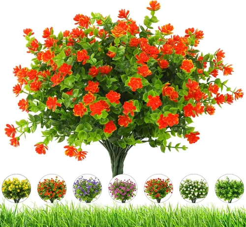 Miniatura 10 de Flores artificiales para exteriores, 8 paquetes de flores falsas resistentes a los rayos UV, flores sintéticas de plástico para exteriores, plantas