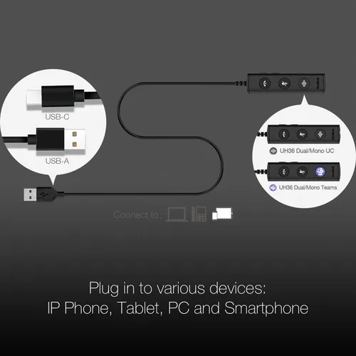Miniatura 3 de GTW Yealink UH34 Duo Teams Certified Lite - Auriculares con cable (USB-C), se conectan al escritorio, PC/Mac, softphones - Funciona con equipos