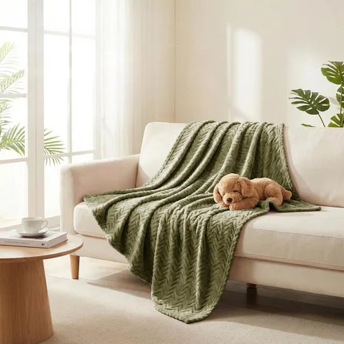 Miniatura 3 de Exclusivo Mezcla - Manta para sofá con textura ondulada decorativa, mantas de vellón ligeras y acogedoras, adecuadas para invierno, verde oliva, 50